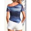 image:imagePRETTYGARDEN Womens Summer Off The Shoulder Tops 2026 Spring Short Sleeve Mesh Tie Dye Shirt Ruched Asymmetrical Y2k ClothesGradient Blue