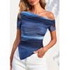 image:imagePRETTYGARDEN Womens Summer Off The Shoulder Tops 2026 Spring Short Sleeve Mesh Tie Dye Shirt Ruched Asymmetrical Y2k ClothesGradient Blue