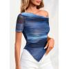 image:imagePRETTYGARDEN Womens Summer Off The Shoulder Tops 2026 Spring Short Sleeve Mesh Tie Dye Shirt Ruched Asymmetrical Y2k ClothesGradient Blue