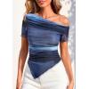 image:imagePRETTYGARDEN Womens Summer Off The Shoulder Tops 2026 Spring Short Sleeve Mesh Tie Dye Shirt Ruched Asymmetrical Y2k ClothesGradient Blue