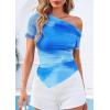 image:imagePRETTYGARDEN Womens Summer Off The Shoulder Tops 2026 Spring Short Sleeve Mesh Tie Dye Shirt Ruched Asymmetrical Y2k ClothesWatercolor Light Blue