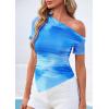 image:imagePRETTYGARDEN Womens Summer Off The Shoulder Tops 2026 Spring Short Sleeve Mesh Tie Dye Shirt Ruched Asymmetrical Y2k ClothesWatercolor Light Blue