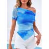image:imagePRETTYGARDEN Womens Summer Off The Shoulder Tops 2026 Spring Short Sleeve Mesh Tie Dye Shirt Ruched Asymmetrical Y2k ClothesWatercolor Light Blue