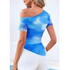 image:imagePRETTYGARDEN Womens Summer Off The Shoulder Tops 2026 Spring Short Sleeve Mesh Tie Dye Shirt Ruched Asymmetrical Y2k ClothesWatercolor Light Blue