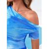 image:imagePRETTYGARDEN Womens Summer Off The Shoulder Tops 2026 Spring Short Sleeve Mesh Tie Dye Shirt Ruched Asymmetrical Y2k ClothesWatercolor Light Blue