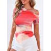 image:imagePRETTYGARDEN Womens Summer Off The Shoulder Tops 2026 Spring Short Sleeve Mesh Tie Dye Shirt Ruched Asymmetrical Y2k ClothesWatercolor Pink