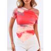 image:imagePRETTYGARDEN Womens Summer Off The Shoulder Tops 2026 Spring Short Sleeve Mesh Tie Dye Shirt Ruched Asymmetrical Y2k ClothesWatercolor Pink