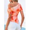 image:imagePRETTYGARDEN Womens Summer Off The Shoulder Tops 2026 Spring Short Sleeve Mesh Tie Dye Shirt Ruched Asymmetrical Y2k ClothesWatercolour Orange
