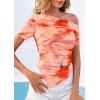 image:imagePRETTYGARDEN Womens Summer Off The Shoulder Tops 2026 Spring Short Sleeve Mesh Tie Dye Shirt Ruched Asymmetrical Y2k ClothesWatercolour Orange