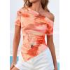 image:imagePRETTYGARDEN Womens Summer Off The Shoulder Tops 2026 Spring Short Sleeve Mesh Tie Dye Shirt Ruched Asymmetrical Y2k ClothesWatercolour Orange