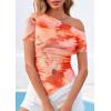 image:imagePRETTYGARDEN Womens Summer Off The Shoulder Tops 2026 Spring Short Sleeve Mesh Tie Dye Shirt Ruched Asymmetrical Y2k ClothesWatercolour Orange