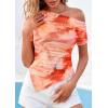 image:imagePRETTYGARDEN Womens Summer Off The Shoulder Tops 2026 Spring Short Sleeve Mesh Tie Dye Shirt Ruched Asymmetrical Y2k ClothesWatercolour Orange