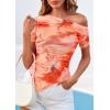 image:imagePRETTYGARDEN Womens Summer Off The Shoulder Tops 2026 Spring Short Sleeve Mesh Tie Dye Shirt Ruched Asymmetrical Y2k ClothesWatercolour Orange