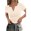 image:imagePRETTYGARDEN Womens Summer Short Sleeve Tops 2026 Spring Casual V Neck Henley Button Up T Shirts Dressy Ribbed Knit BlousesBeige
