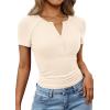 image:imagePRETTYGARDEN Womens Summer Short Sleeve Tops 2026 Spring Casual V Neck Henley Button Up T Shirts Dressy Ribbed Knit BlousesBeige