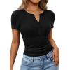 image:imagePRETTYGARDEN Womens Summer Short Sleeve Tops 2026 Spring Casual V Neck Henley Button Up T Shirts Dressy Ribbed Knit BlousesBlack