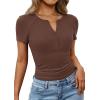 image:imagePRETTYGARDEN Womens Summer Short Sleeve Tops 2026 Spring Casual V Neck Henley Button Up T Shirts Dressy Ribbed Knit BlousesBrown