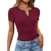 image:imagePRETTYGARDEN Womens Summer Short Sleeve Tops 2026 Spring Casual V Neck Henley Button Up T Shirts Dressy Ribbed Knit BlousesBurgundy