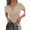 image:imagePRETTYGARDEN Womens Summer Short Sleeve Tops 2026 Spring Casual V Neck Henley Button Up T Shirts Dressy Ribbed Knit BlousesLight Khaki