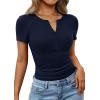 image:imagePRETTYGARDEN Womens Summer Short Sleeve Tops 2026 Spring Casual V Neck Henley Button Up T Shirts Dressy Ribbed Knit BlousesNavy
