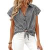 image:imagePRETTYGARDEN Womens Button Down Shirts V Neck Short Cap Sleeve Collared Plaid Tops 2026 Summer Spring Casual Blouses ClothesBlack