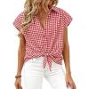 image:imagePRETTYGARDEN Womens Button Down Shirts V Neck Short Cap Sleeve Collared Plaid Tops 2026 Summer Spring Casual Blouses ClothesWine Red