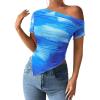 image:imagePRETTYGARDEN Womens Summer Off The Shoulder Tops 2026 Spring Short Sleeve Mesh Tie Dye Shirt Ruched Asymmetrical Y2k ClothesWatercolor Light Blue