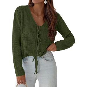 image:imagePRETTYGARDEN Crochet Cardigan Sweaters for Women Trendy Spring Summer Long Sleeve Tie Front Tops Boho Beach Vacation ClothesArmy Green