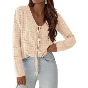 image:imagePRETTYGARDEN Crochet Cardigan Sweaters for Women Trendy Spring Summer Long Sleeve Tie Front Tops Boho Beach Vacation ClothesBeige