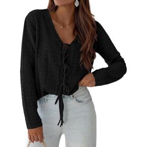 image:imagePRETTYGARDEN Crochet Cardigan Sweaters for Women Trendy Spring Summer Long Sleeve Tie Front Tops Boho Beach Vacation ClothesBlack