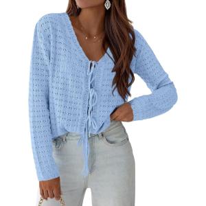 image:imagePRETTYGARDEN Crochet Cardigan Sweaters for Women Trendy Spring Summer Long Sleeve Tie Front Tops Boho Beach Vacation ClothesLight Blue