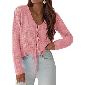 image:imagePRETTYGARDEN Crochet Cardigan Sweaters for Women Trendy Spring Summer Long Sleeve Tie Front Tops Boho Beach Vacation ClothesPink