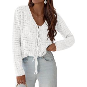 image:imagePRETTYGARDEN Crochet Cardigan Sweaters for Women Trendy Spring Summer Long Sleeve Tie Front Tops Boho Beach Vacation ClothesWhite