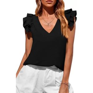 image:imagePRETTYGARDEN Womens Blouses Dressy Casual 2026 Summer V Neck Ruffle Cap Sleeve Business Work Tops Spring Teacher ShirtsBlack