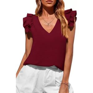 image:imagePRETTYGARDEN Womens Blouses Dressy Casual 2026 Summer V Neck Ruffle Cap Sleeve Business Work Tops Spring Teacher ShirtsBurgundy