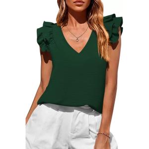 image:imagePRETTYGARDEN Womens Blouses Dressy Casual 2026 Summer V Neck Ruffle Cap Sleeve Business Work Tops Spring Teacher ShirtsDark Green
