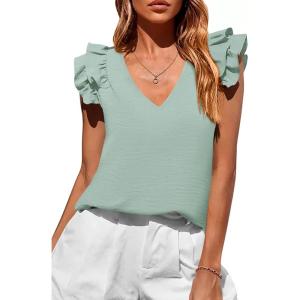 image:imagePRETTYGARDEN Womens Blouses Dressy Casual 2026 Summer V Neck Ruffle Cap Sleeve Business Work Tops Spring Teacher ShirtsLight Green