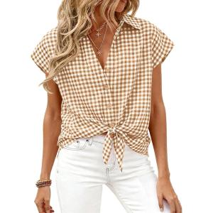 image:imagePRETTYGARDEN Womens Button Down Shirts V Neck Short Cap Sleeve Collared Plaid Tops 2026 Summer Spring Casual Blouses ClothesBrown