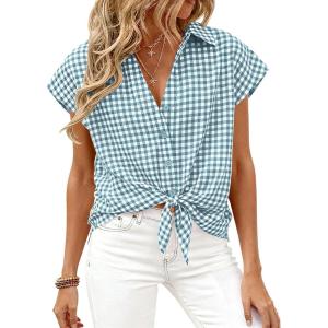 image:imagePRETTYGARDEN Womens Button Down Shirts V Neck Short Cap Sleeve Collared Plaid Tops 2026 Summer Spring Casual Blouses ClothesGrey Blue