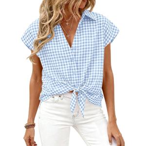 image:imagePRETTYGARDEN Womens Button Down Shirts V Neck Short Cap Sleeve Collared Plaid Tops 2026 Summer Spring Casual Blouses ClothesLight Blue