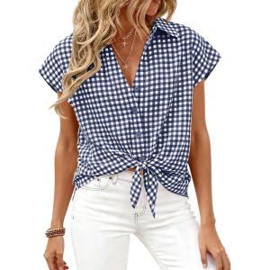 image:imagePRETTYGARDEN Womens Button Down Shirts V Neck Short Cap Sleeve Collared Plaid Tops 2026 Summer Spring Casual Blouses ClothesNavy