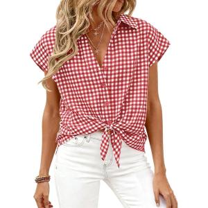 image:imagePRETTYGARDEN Womens Button Down Shirts V Neck Short Cap Sleeve Collared Plaid Tops 2026 Summer Spring Casual Blouses ClothesWine Red
