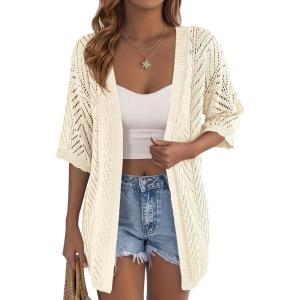 image:imagePRETTYGARDEN Womens Lightweight Summer Cardigans 2026 Short Sleeve Knit Crochet Coverups Spring Boho Beach Vacation ClothesBeige