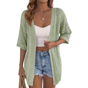 image:imagePRETTYGARDEN Womens Lightweight Summer Cardigans 2026 Short Sleeve Knit Crochet Coverups Spring Boho Beach Vacation ClothesGreen