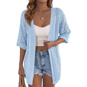 image:imagePRETTYGARDEN Womens Lightweight Summer Cardigans 2026 Short Sleeve Knit Crochet Coverups Spring Boho Beach Vacation ClothesLight Blue