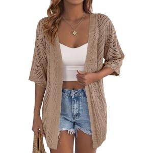 image:imagePRETTYGARDEN Womens Lightweight Summer Cardigans 2026 Short Sleeve Knit Crochet Coverups Spring Boho Beach Vacation ClothesLight Brown