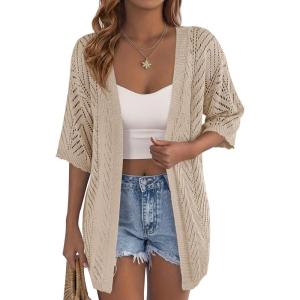 image:imagePRETTYGARDEN Womens Lightweight Summer Cardigans 2026 Short Sleeve Knit Crochet Coverups Spring Boho Beach Vacation ClothesLight Khaki