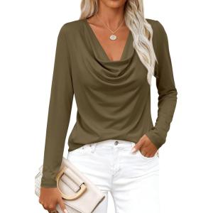 image:imagePRETTYGARDEN Womens Spring Tops 2026 Dressy Cowl Neck Long Sleeve Shirts Loose Business Casual Blouses Teacher Tunic TopArmy Green