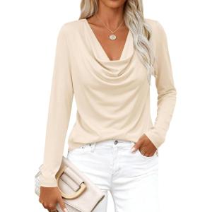 image:imagePRETTYGARDEN Womens Spring Tops 2026 Dressy Cowl Neck Long Sleeve Shirts Loose Business Casual Blouses Teacher Tunic TopBeige