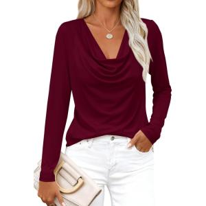 image:imagePRETTYGARDEN Womens Spring Tops 2026 Dressy Cowl Neck Long Sleeve Shirts Loose Business Casual Blouses Teacher Tunic TopBurgundy